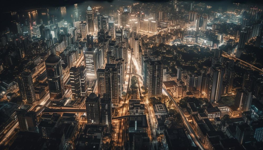 A captivating aerial view captures the shimmering skyscrapers amidst a vibrant nighttime cityscape, showcasing the epitome of luxury real estate.