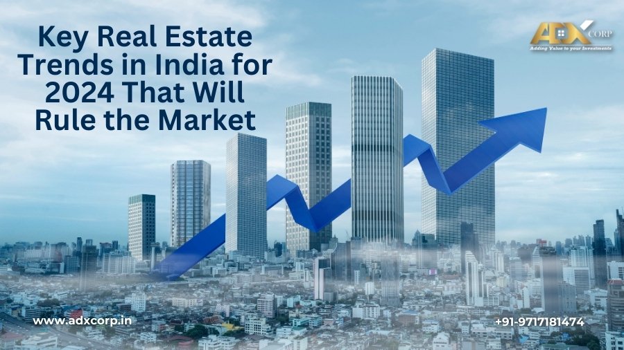 An infographic on Real Estate Trends in India with a cityscape and rising graph.