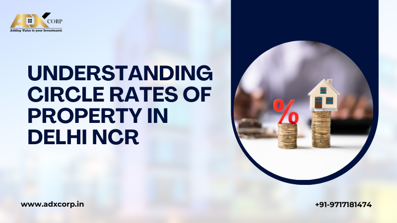 A visual depiction highlighting Circle Rates with a model house on coin stacks and a red percentage symbol, indicating financial aspects of Delhi NCR property valuation.