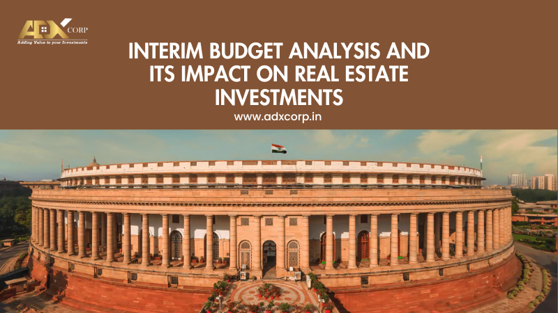 Interim budget analysis on real estate investments impact, featuring Indian Parliament building.