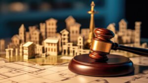 An image portraying a judge's gavel on blueprints with miniature city buildings, representing legal oversight in urban real estate under the RERA Act.