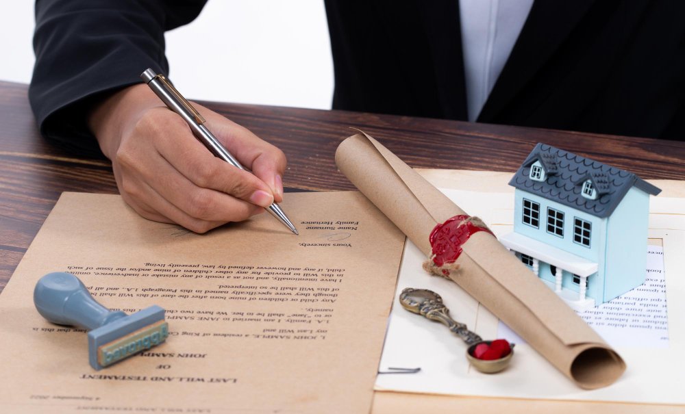 A person signing a legal document beside a wax-sealed scroll, stamp, house model, and vintage key on a desk, symbolizing rental agreements.