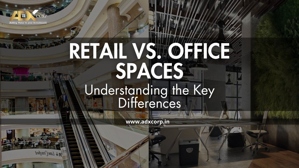 A split-image graphic comparing Retail Spaces with office spaces in a mall to modern office settings.