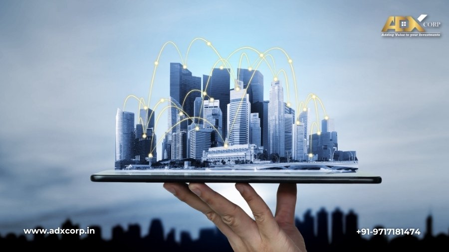 A hand holding a tablet displaying a cityscape with connectivity lines symbolizing Real Estate Trends in India.