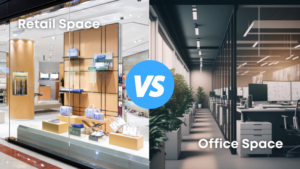 Split image comparing Retail Spaces with vibrant shop interiors versus Office Spaces with modern, organized desks and cubicles.