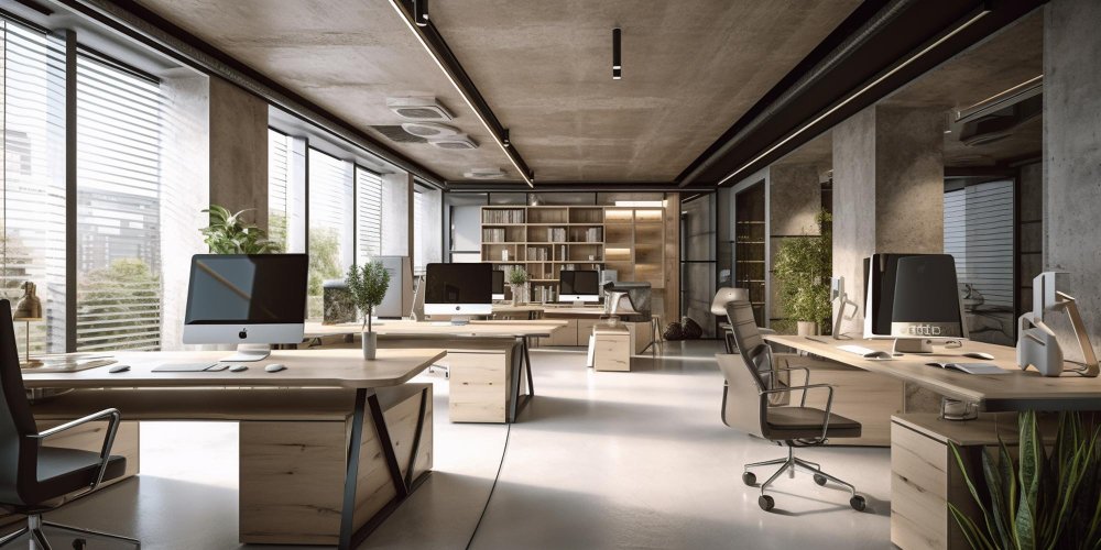 A spacious, modern office space with stylish desks, computers, and large windows allowing natural light.