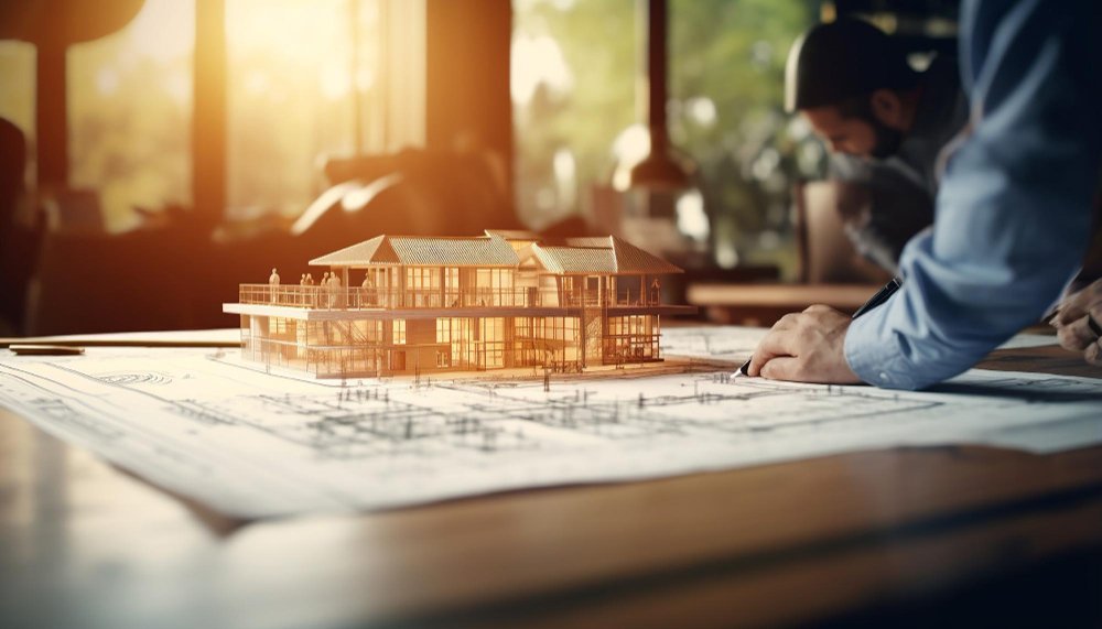 An architect reviewing blueprints with a detailed residential project model on a table, illuminated by warm sunlight.