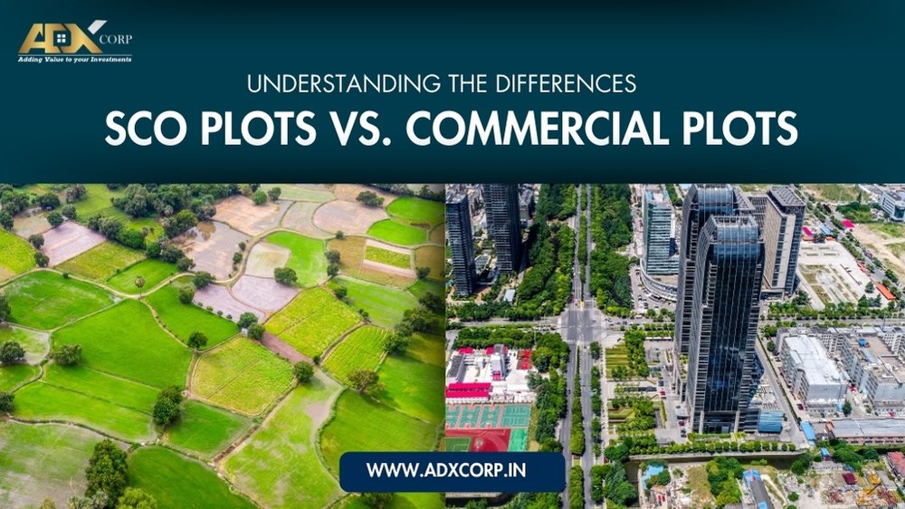Split image showing contrasting SCO plots of green farmland and Commercial plots with modern skyscrapers