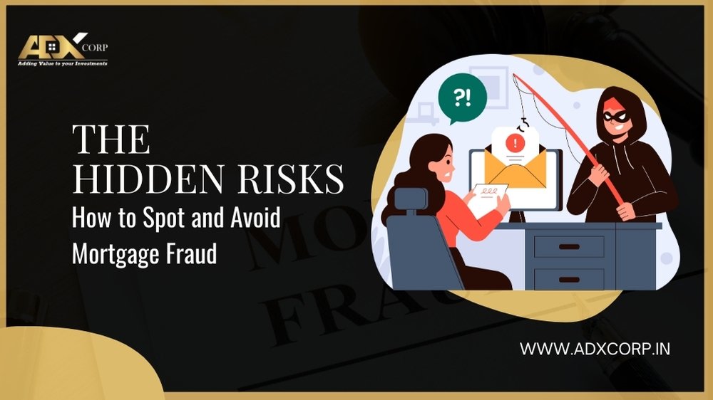 THE HIDDEN RISKS: How to Spot and Avoid Mortgage Fraud" from ADX Corp, showing a woman receiving a suspicious email.