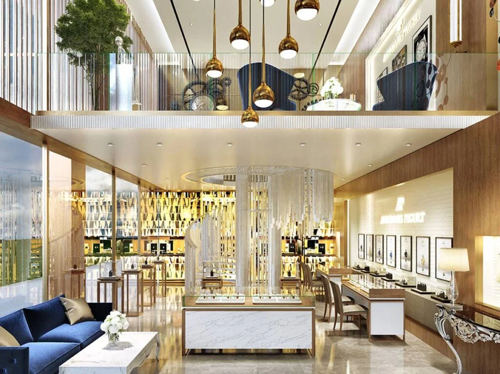 Luxurious retail space with modern interiors, high-end fixtures, and spacious layout, ideal for premium brands and exclusive clientele.